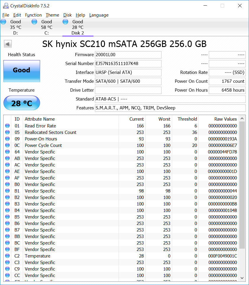 For sale 256GB Hynix SC210 mSATA SSD